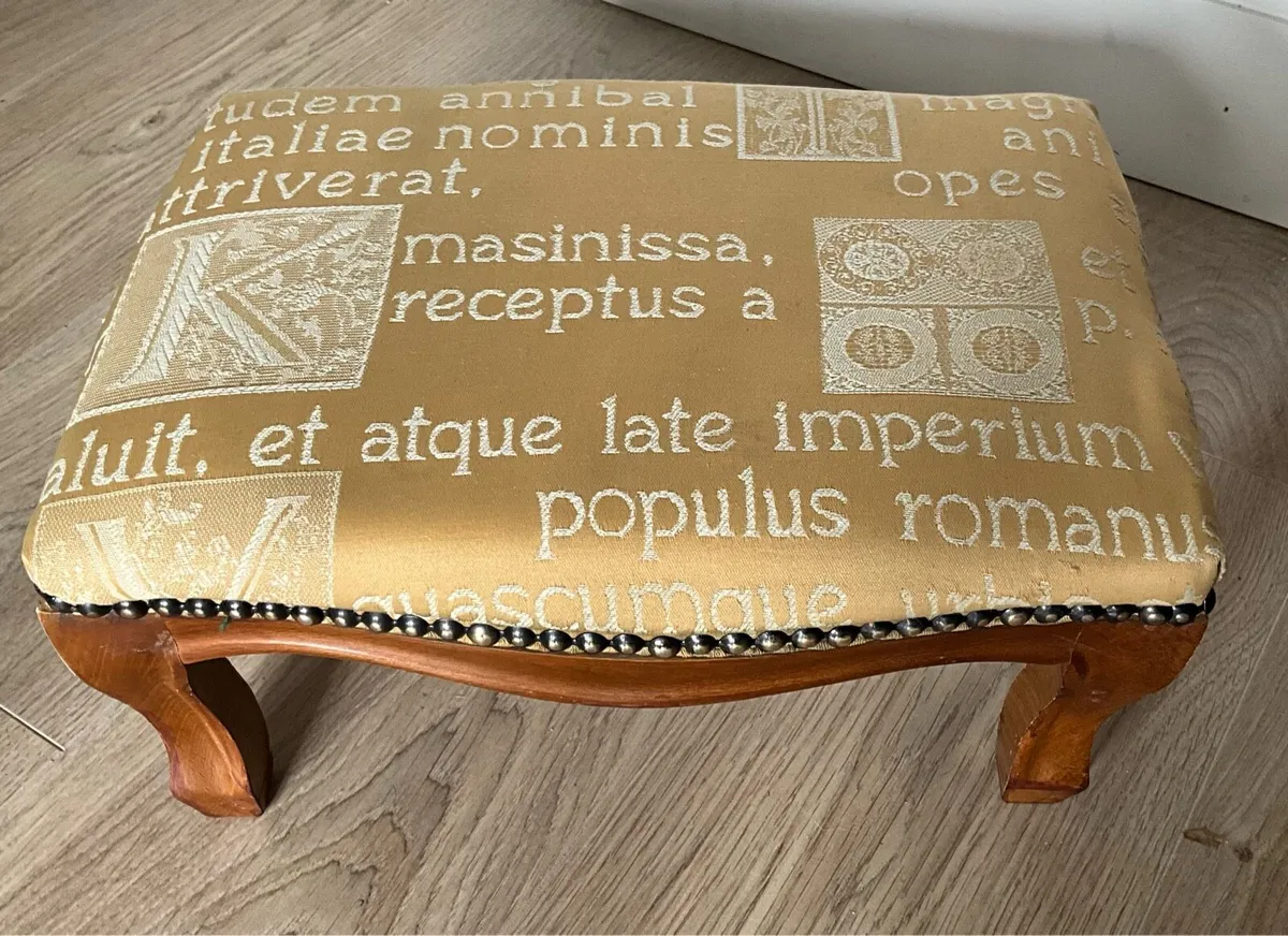 Vintage Upholstered Footstool with Brass Tooling - Image 3