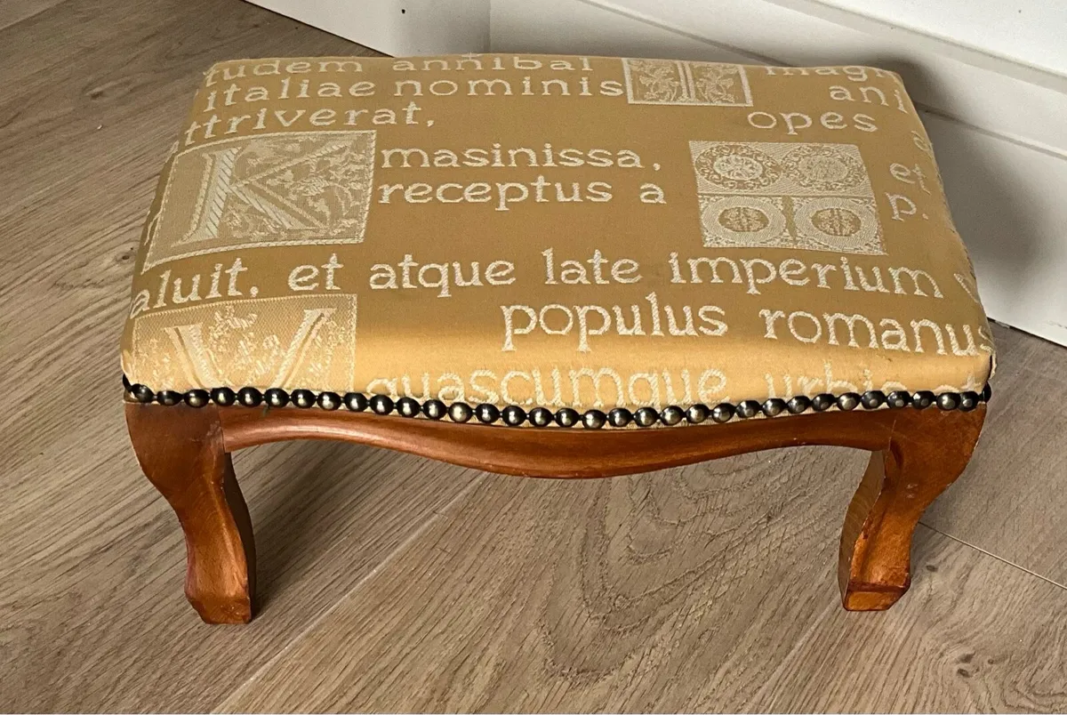 Vintage Upholstered Footstool with Brass Tooling - Image 4