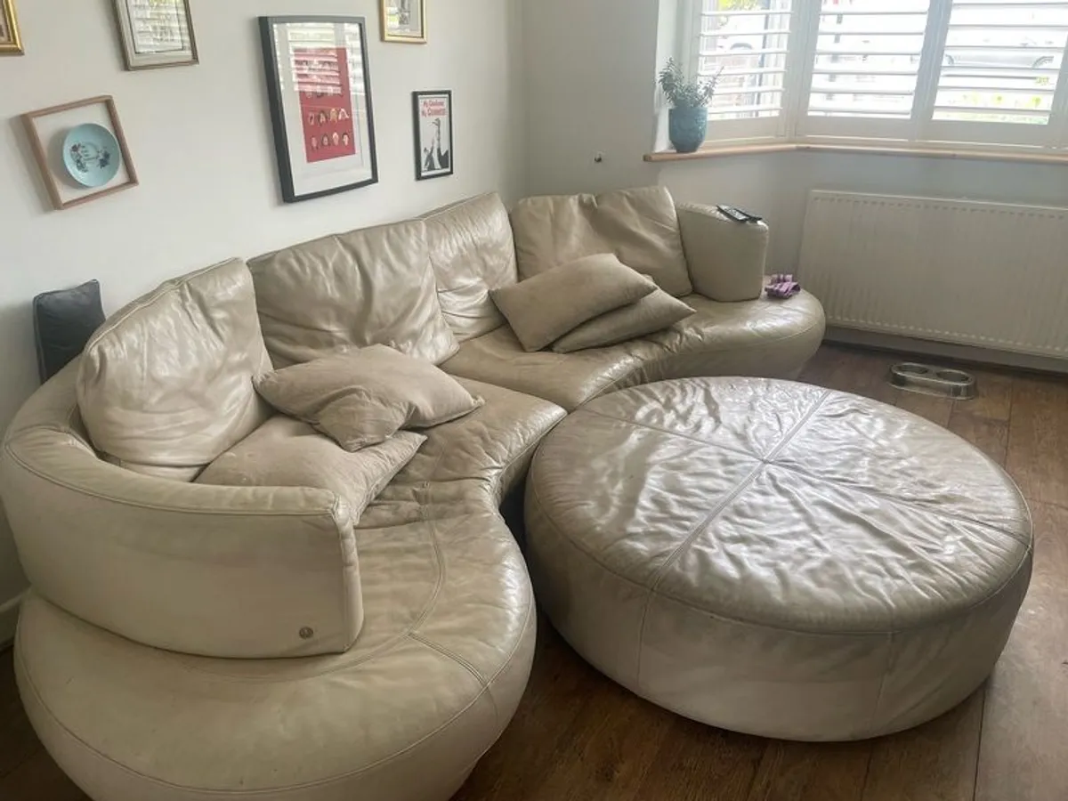 Cream Leather Couch and Cream Leather footrest - Image 1