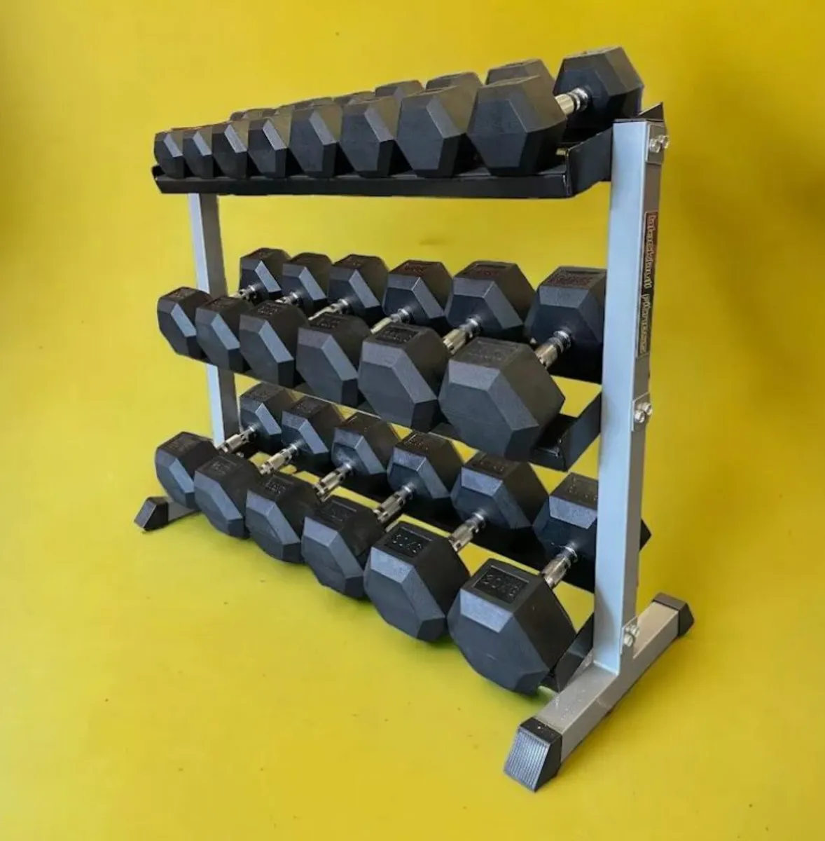 2.5KG - 30KG Rubber Hex Dumbbells Set + 3Tier Rack - Image 1