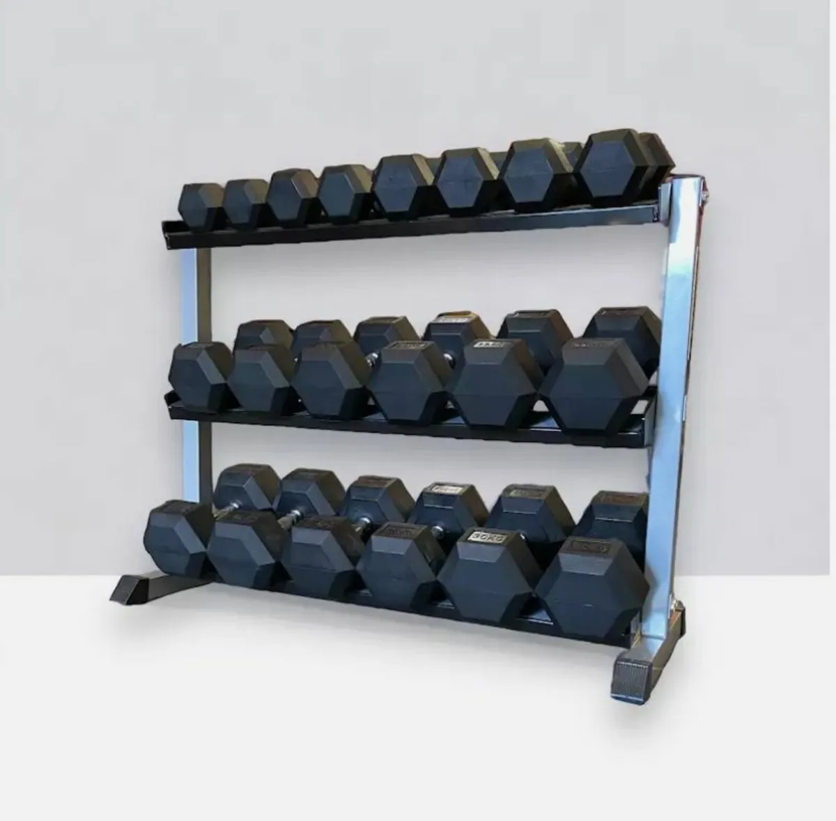 2.5KG - 30KG Rubber Hex Dumbbells Set + 3Tier Rack - Image 3
