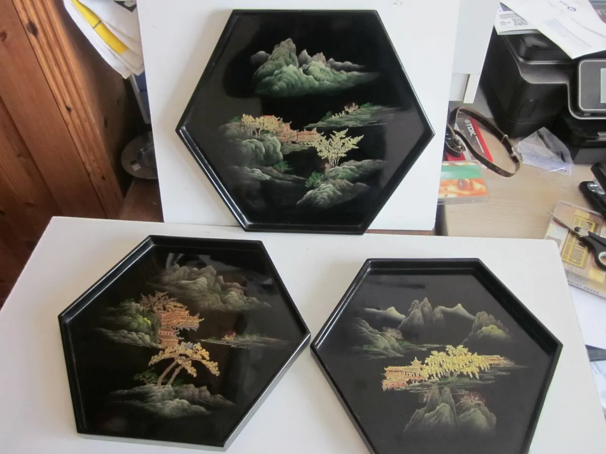 3 Hexagon Oriental Black LACQUER Trays - Image 1