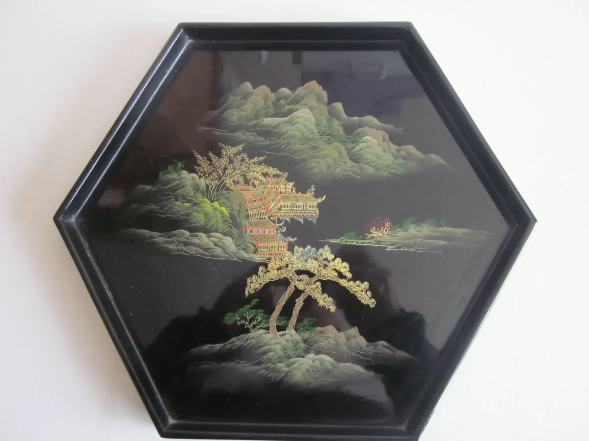 3 Hexagon Oriental Black LACQUER Trays - Image 3