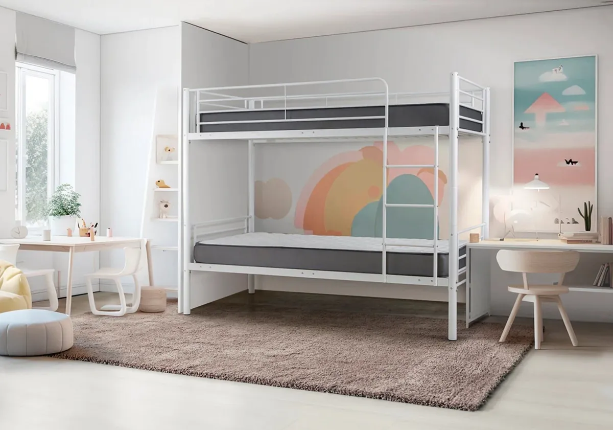 White Metal Bunk Bed Frame | Space Saver - Image 3