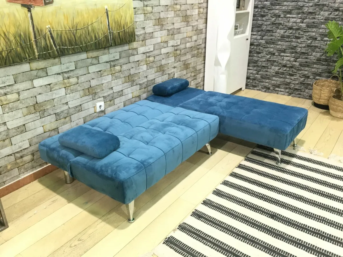 Blue velvet Corner Sofa Bed 198cm - Image 4