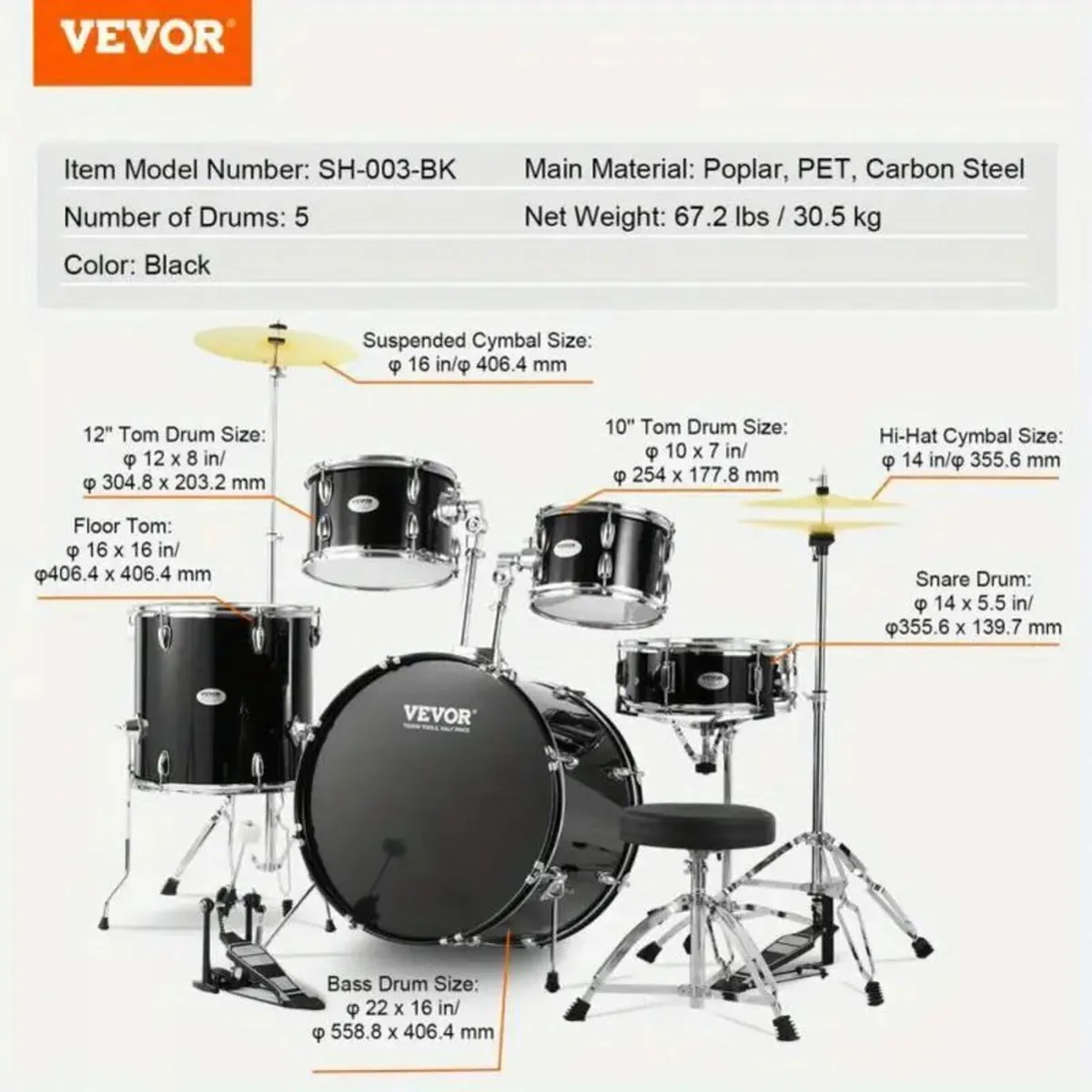 Complete 5- Piece Adult Drum Set - Image 2