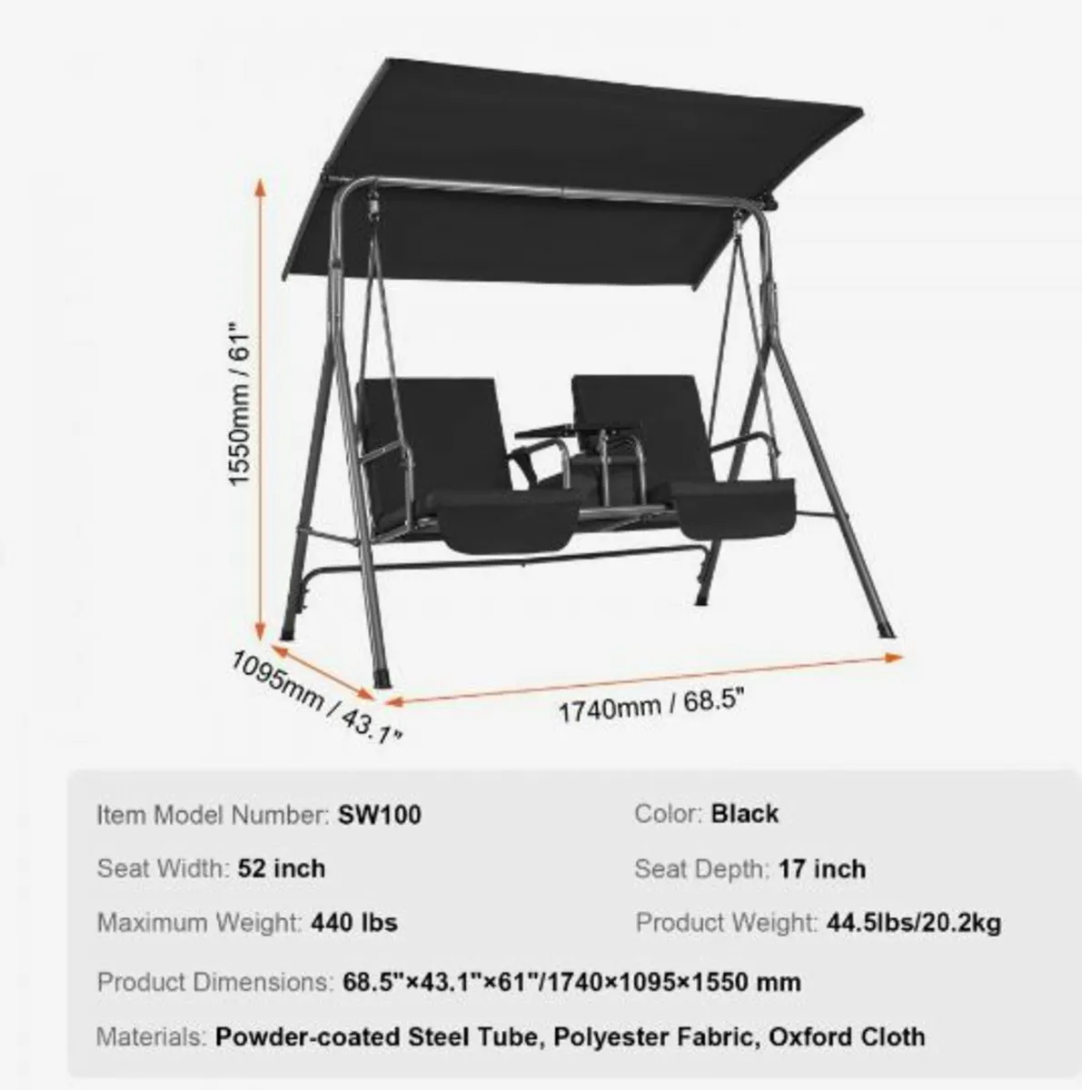 2-Seat Patio Swing Chair Outdoor Patio Swing - Image 2