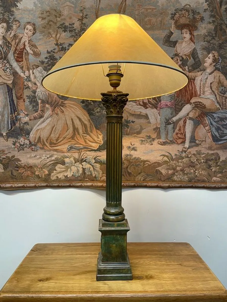 Vintage Corinthian Column Table Lamp with Distressed Green Finish - Image 1