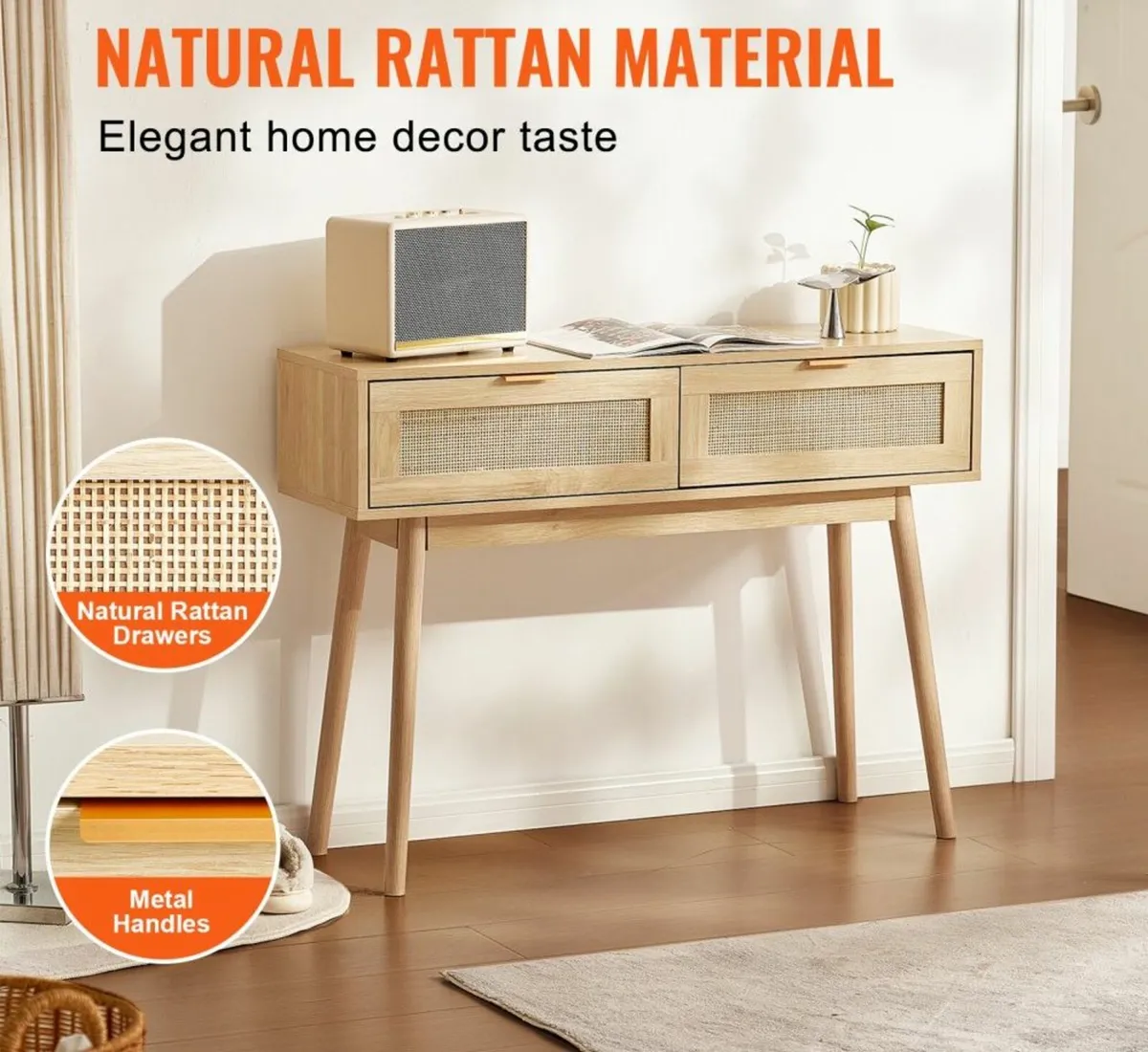 Rattan Console Table with 2 Storage Drawers Rattan - Image 2