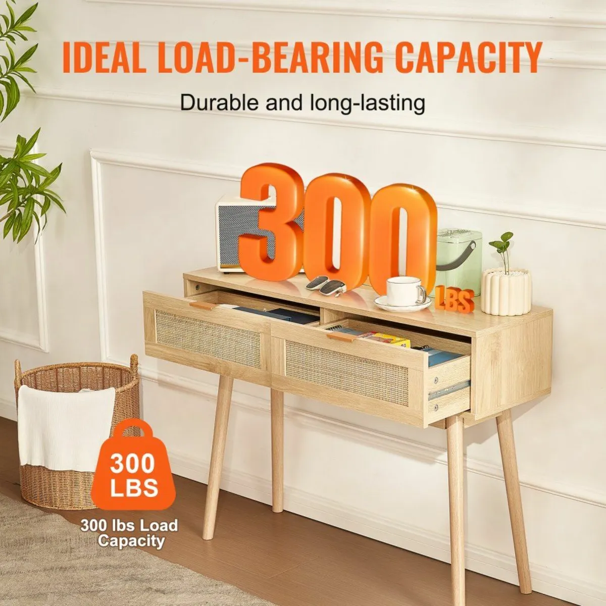 Rattan Console Table with 2 Storage Drawers Rattan - Image 3