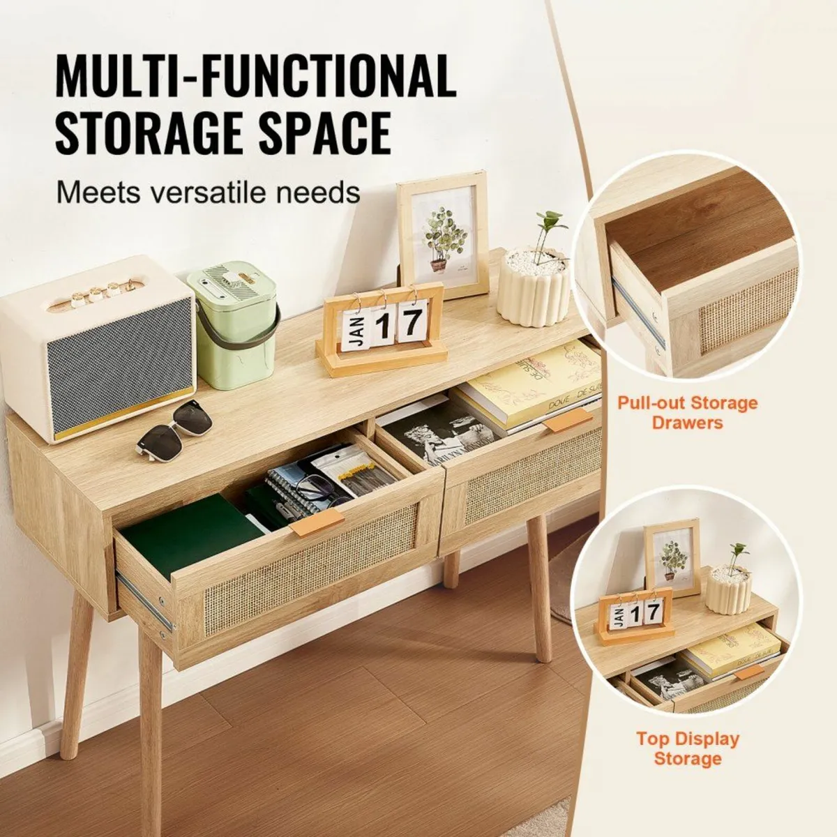 Rattan Console Table with 2 Storage Drawers Rattan - Image 4