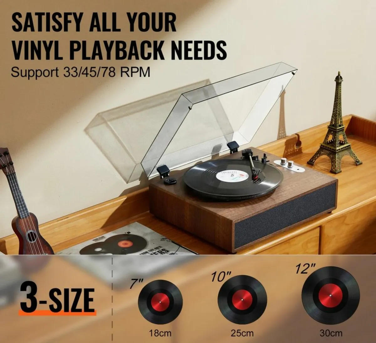 Bluetooth Vinyl Record Player 3-Speed Belt Driven - Image 4