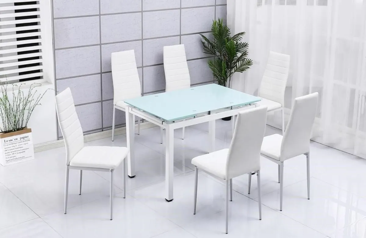 Extendable Glass Dining Table Set   6 chairs white - Image 2
