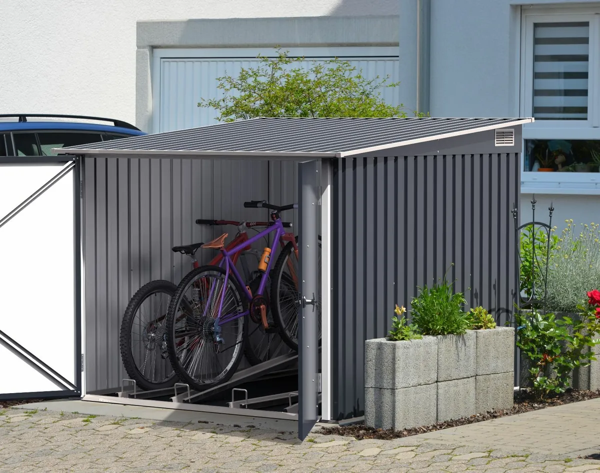 6x6   Steel  Grey Bicycle Stores  with Ramps - Image 1