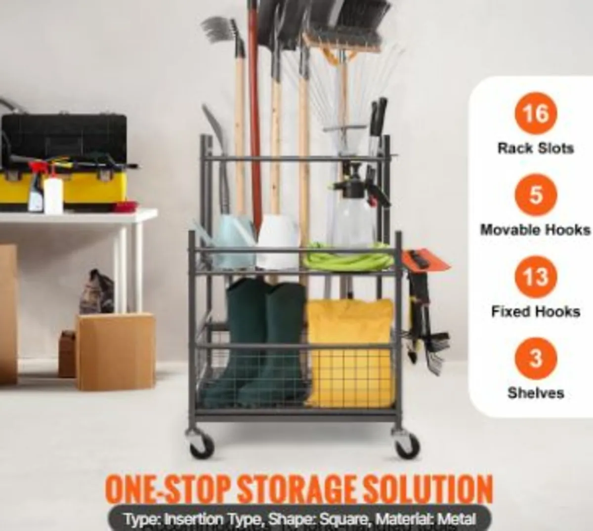 Garden Tool Organizer, 16 Slots with Hooks - Image 2