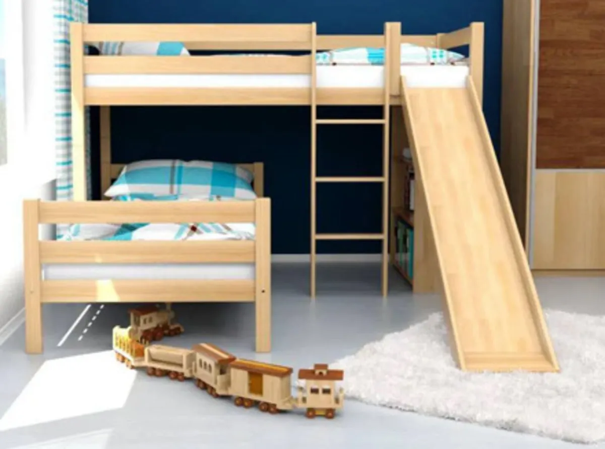 Kids double bunk beds with slide solid beech - Image 3