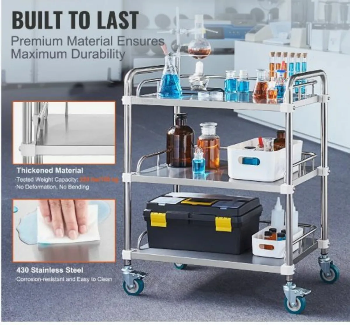 Lab Rolling Cart, 3-Shelf Stainless Steel - Image 2