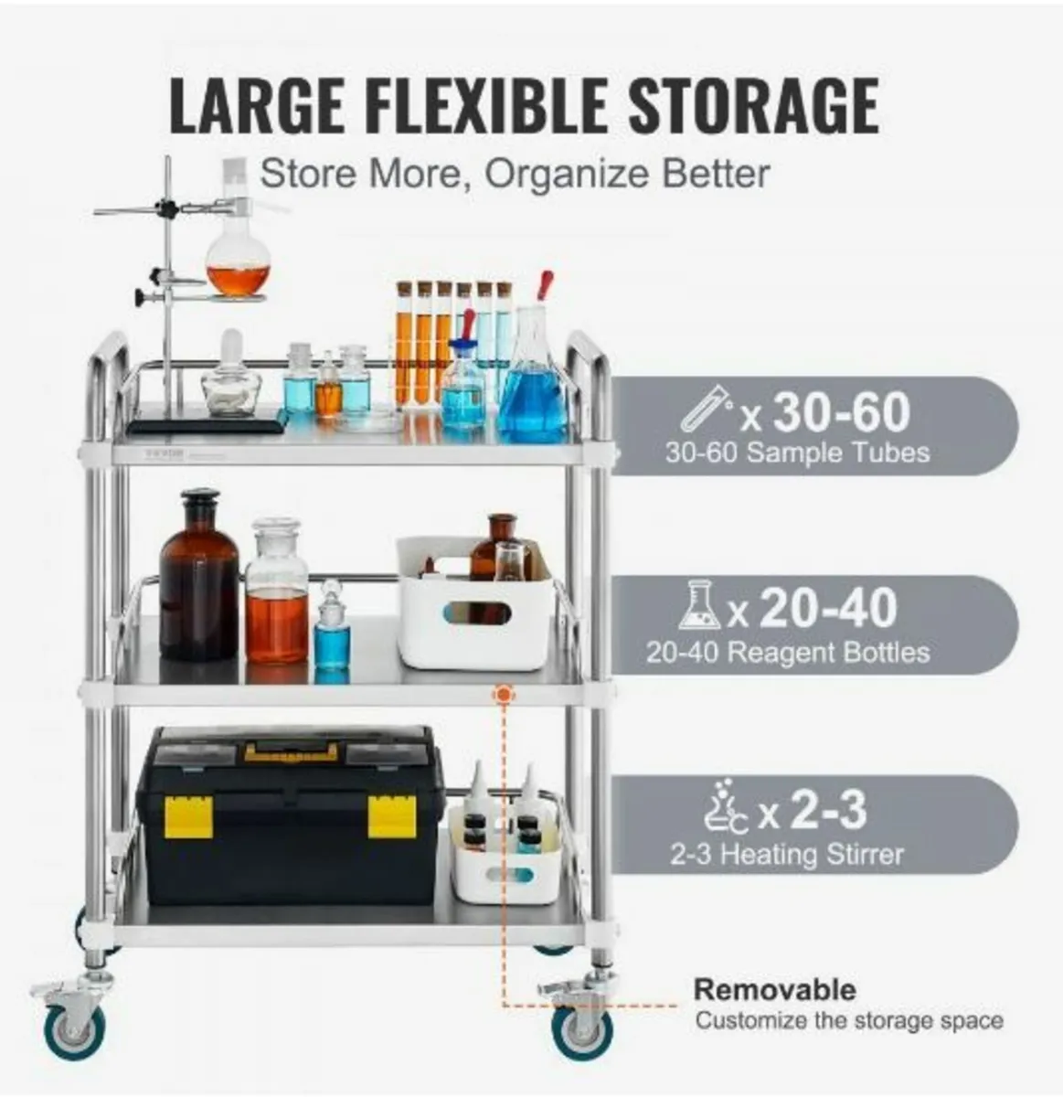 Lab Rolling Cart, 3-Shelf Stainless Steel - Image 4