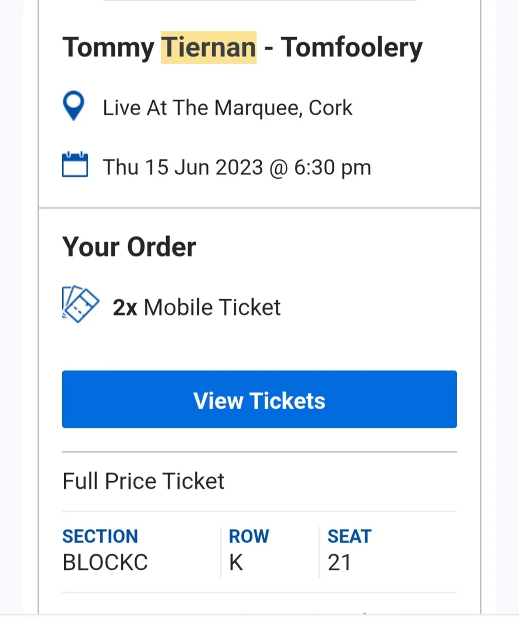 2 Tommy Tiernan Tickets Cork 15th June