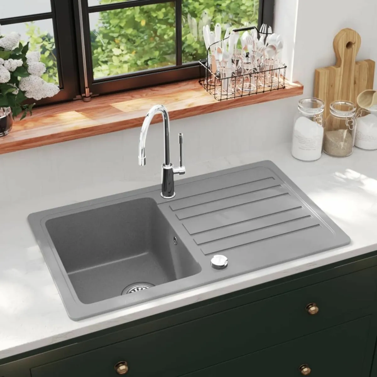 Granite Kitchen Sink Single Basin with Drainer - Image 1