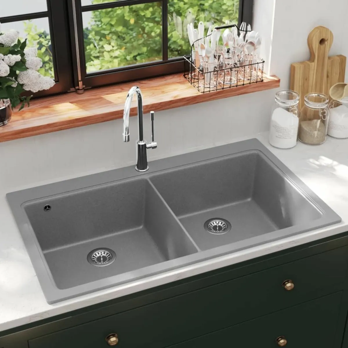 Overmount Kitchen Sink Double Basin Grey - Image 1