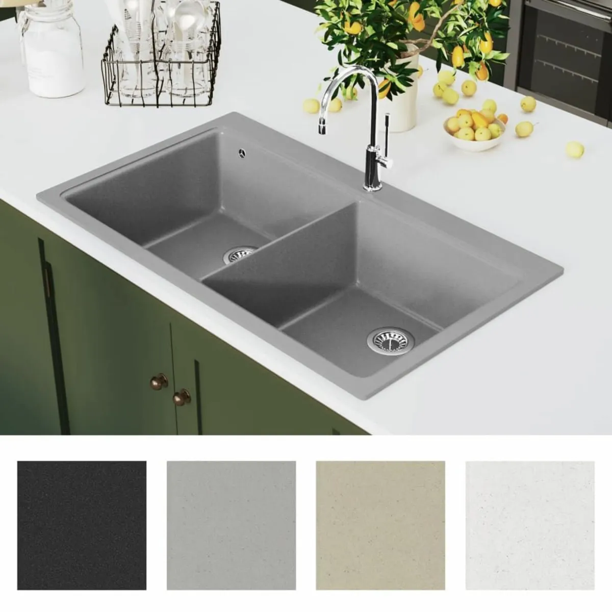 Overmount Kitchen Sink Double Basin Grey - Image 4