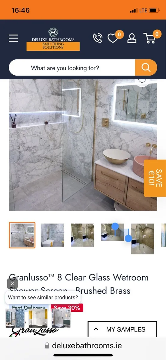 Brushed brass wet room panel Gram Lusso 900mm - Image 1