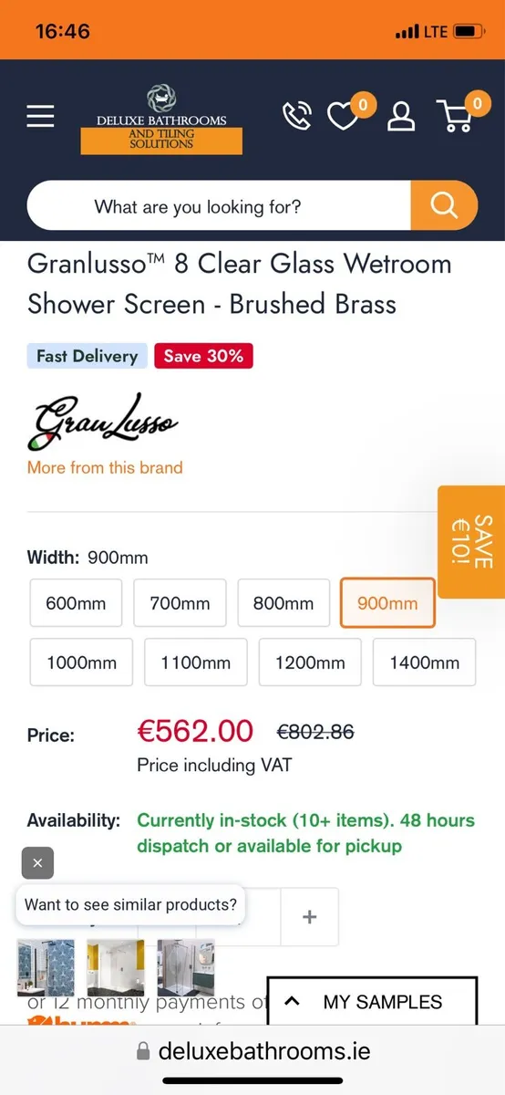 Brushed brass wet room panel Gram Lusso 900mm - Image 2