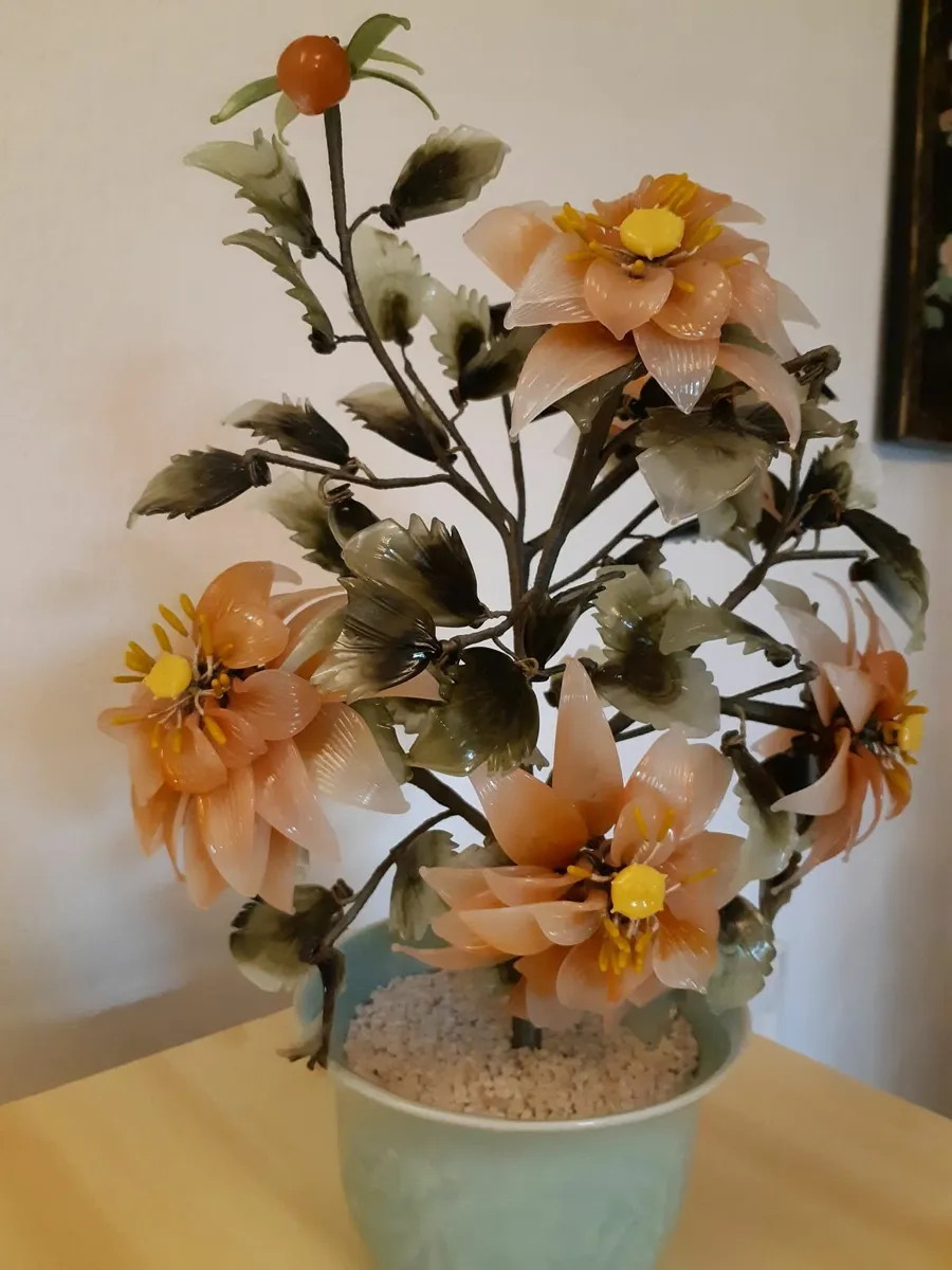 Vintage Chinese Jade & Agate Glass Flower Tree. - Image 1