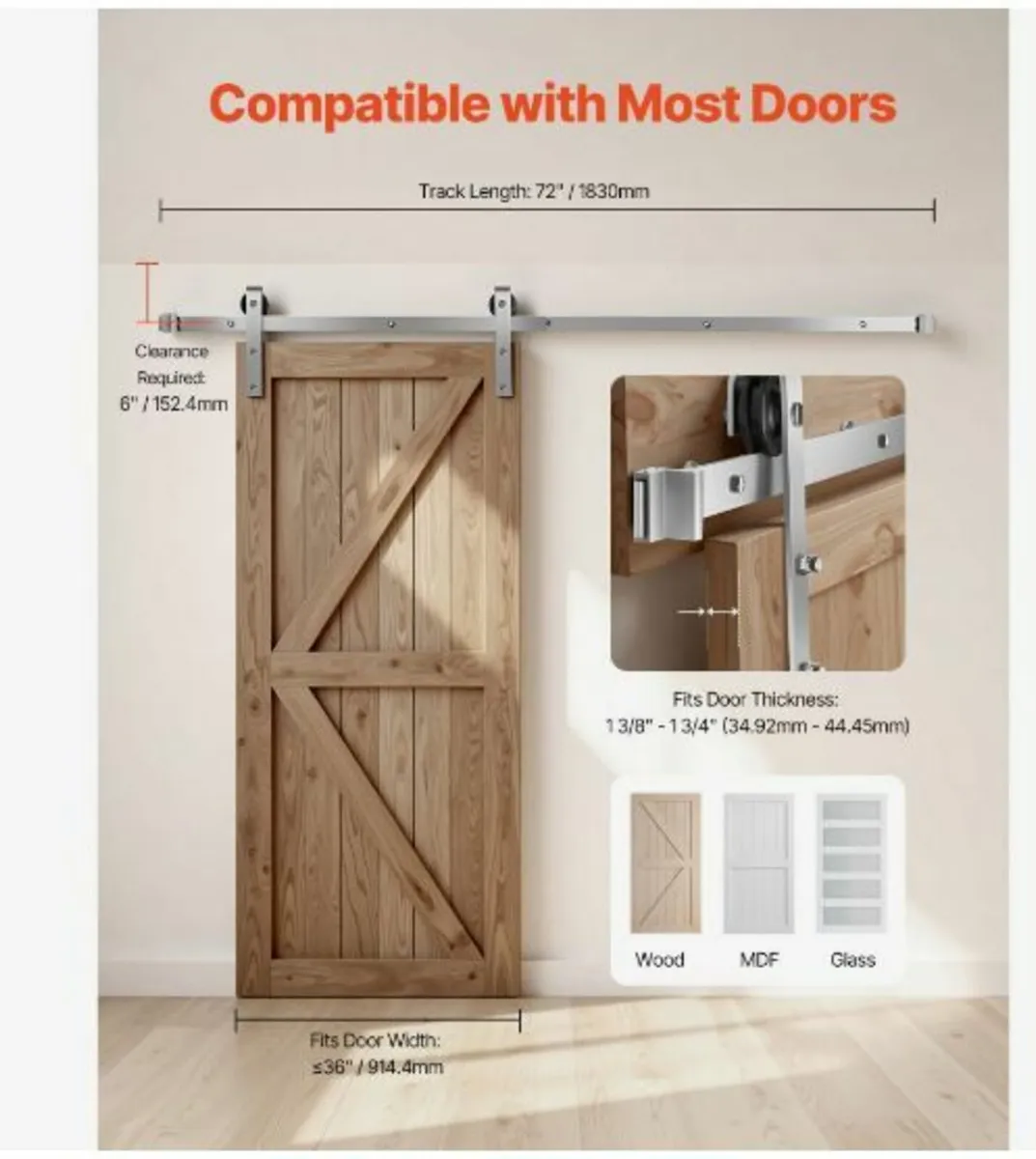 6FT Sliding Barn Door Hardware Kit - Image 3