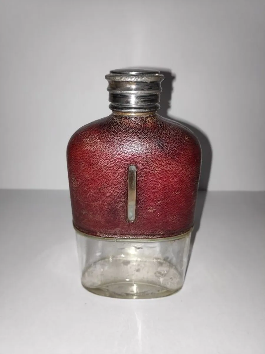 Antique glass hip flask leather bound with  silver plated screw top - Image 1