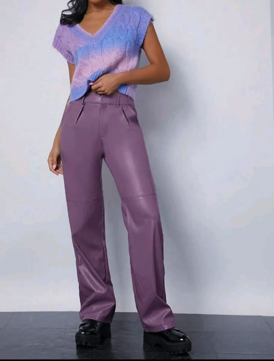 PU Leather Women's Pants Purple, High-Waist, Strai - Image 1