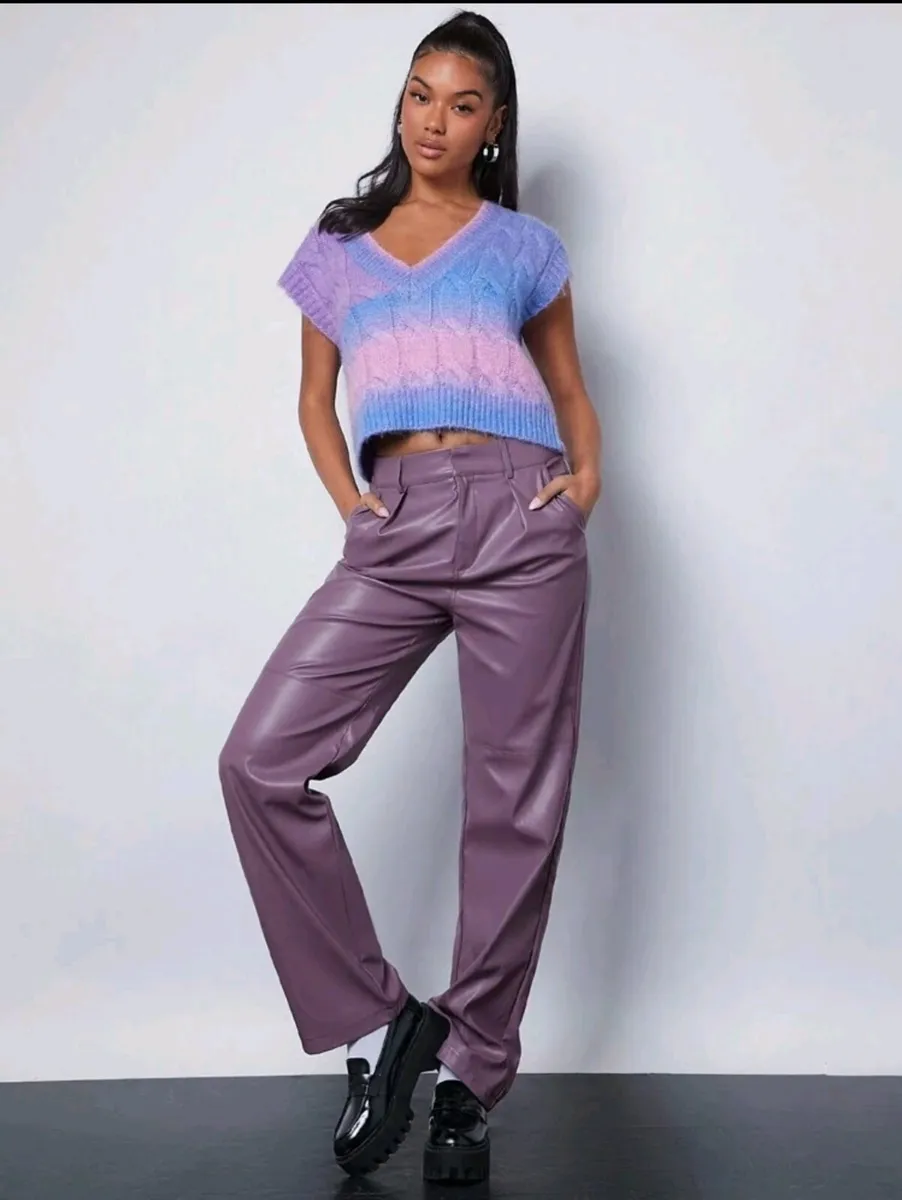 PU Leather Women's Pants Purple, High-Waist, Strai - Image 2