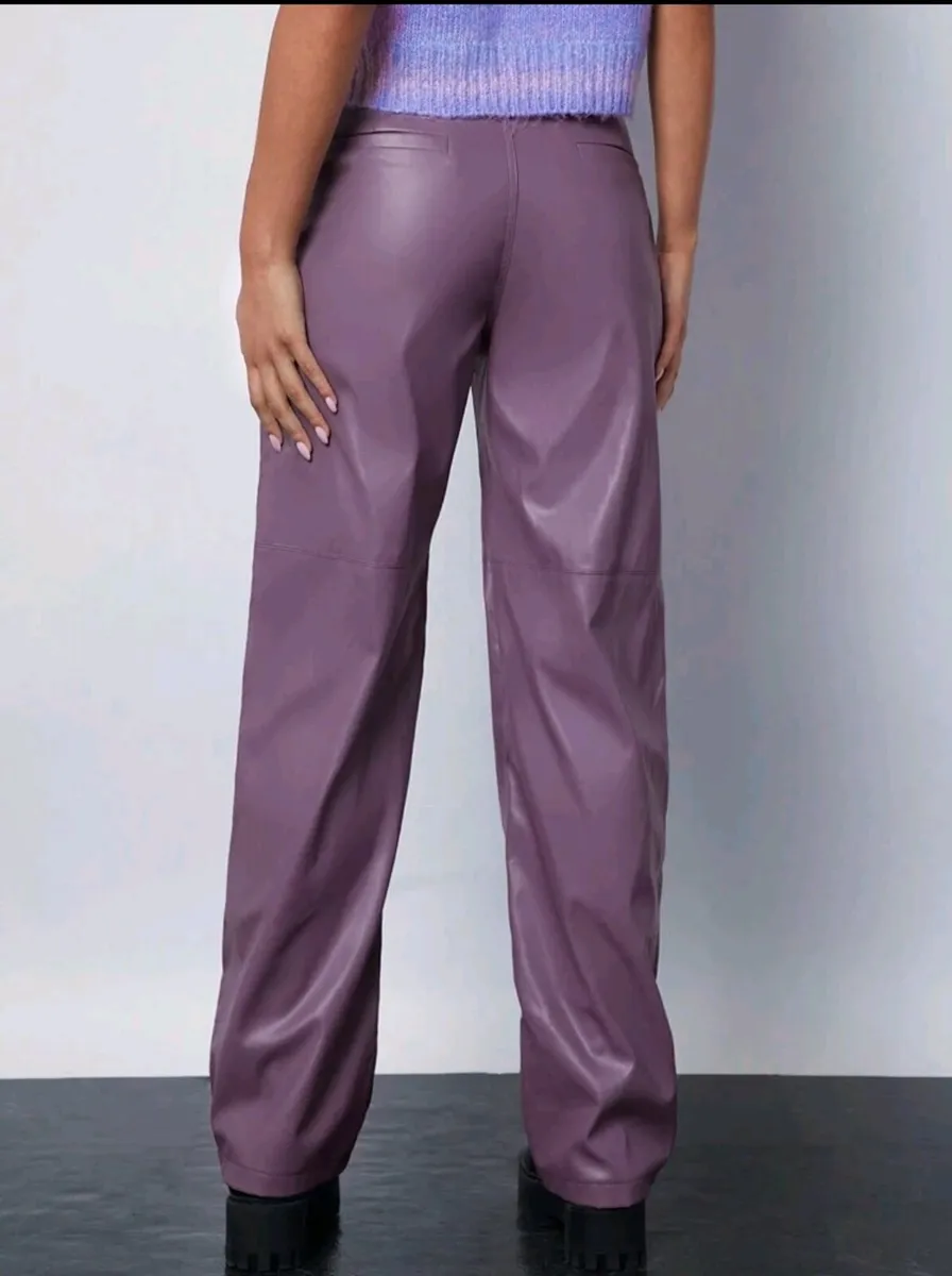 PU Leather Women's Pants Purple, High-Waist, Strai - Image 3