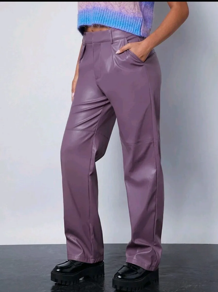 PU Leather Women's Pants Purple, High-Waist, Strai - Image 4