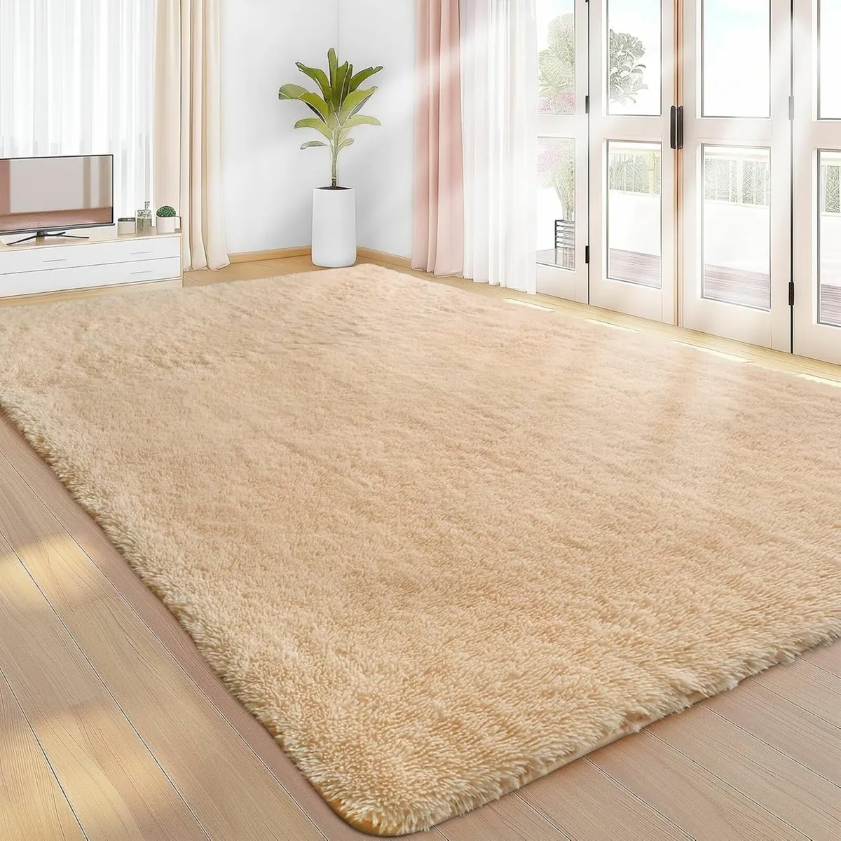 Living Room Beige Soft Rug Fluffy Rugs 120x160cm - Image 1