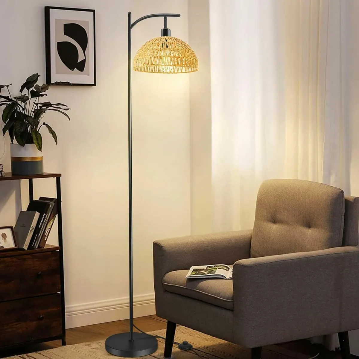 Standing Floor Lamp Farmhouse Rattan Art Deco Boho - Image 1