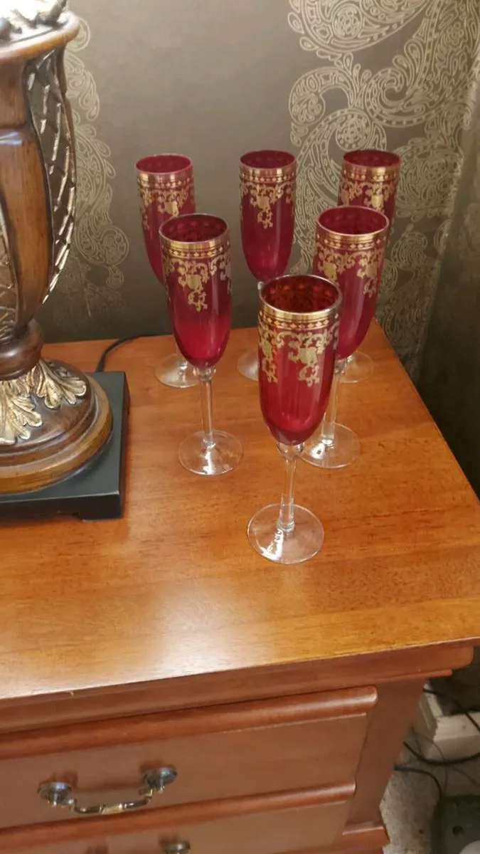 Bohemian stlye Ruby and Gold champagne glasses. - Image 1