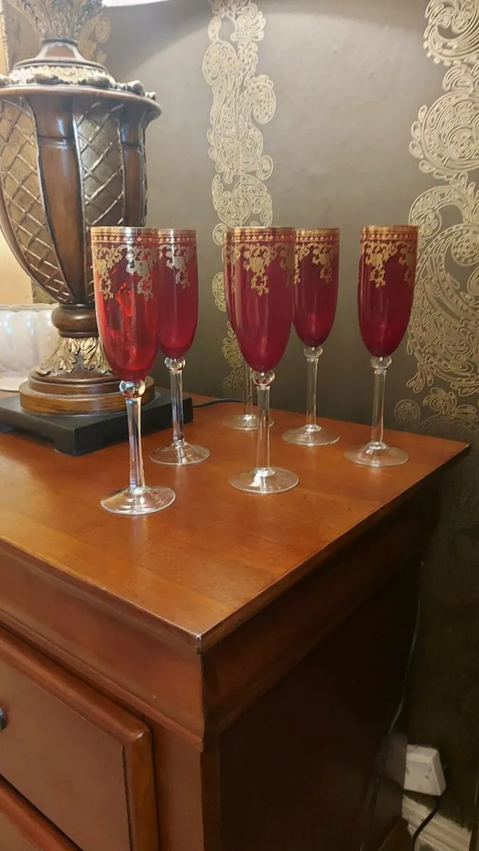 Bohemian stlye Ruby and Gold champagne glasses. - Image 3