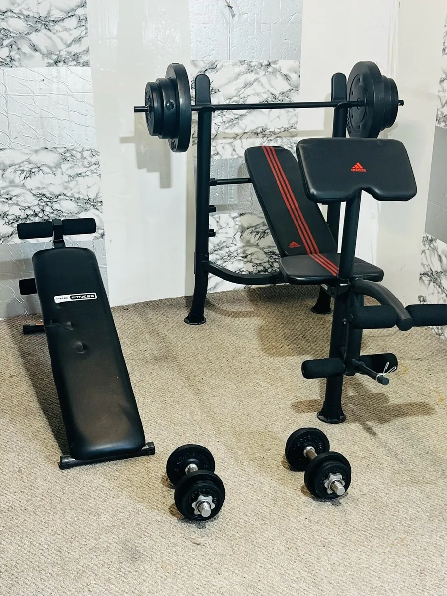 2 Weights bench’s 50 kg weights bar dumbbells - Image 2