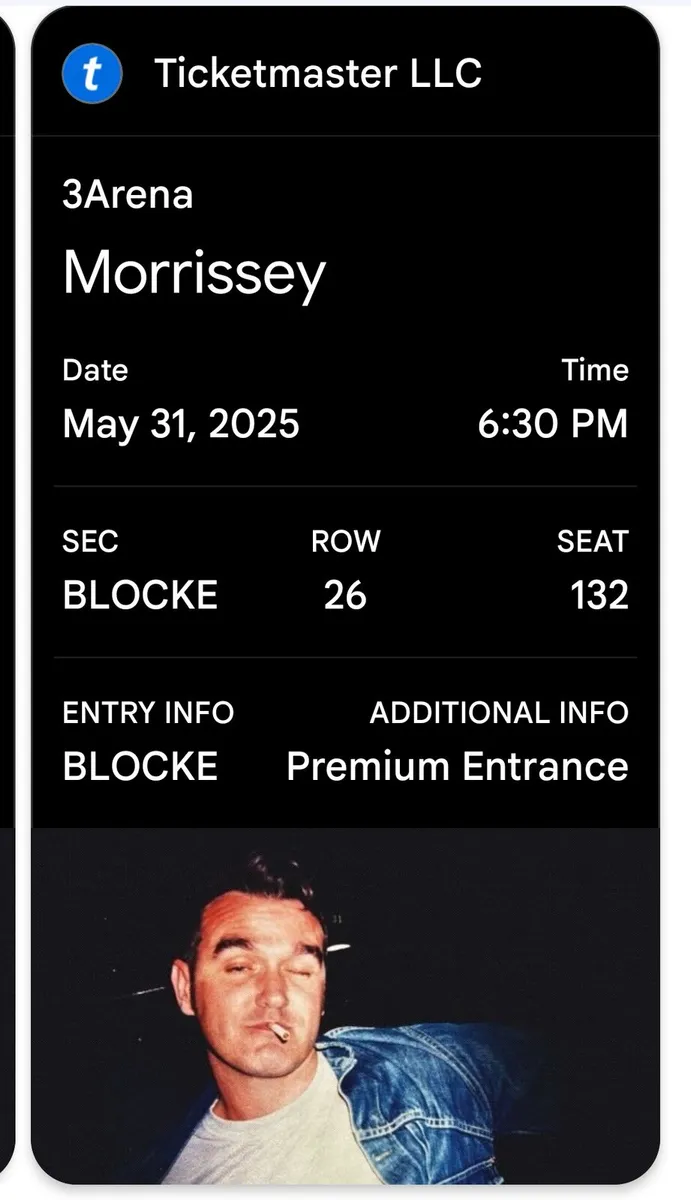 2 Premier Club Morrissey tickets - Image 1