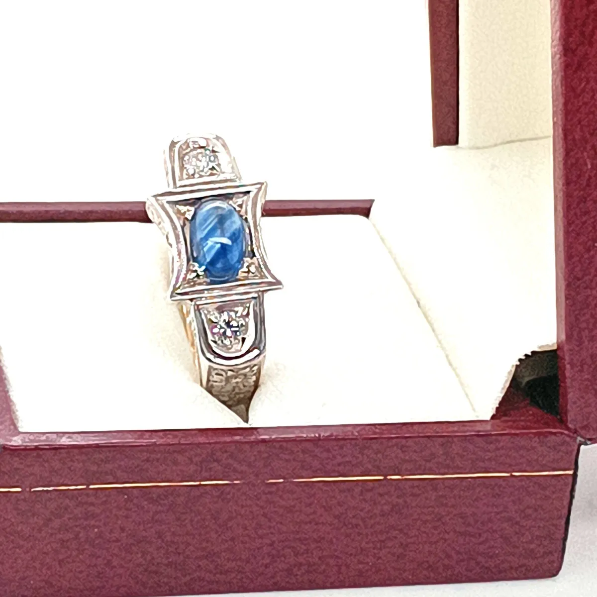 Blue Sapphire & Diamond Art Deco Ring, 14k Gold - Image 3