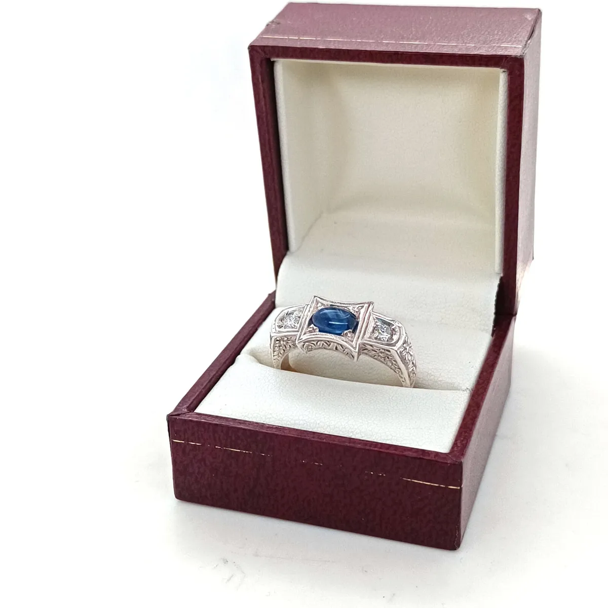 Blue Sapphire & Diamond Art Deco Ring, 14k Gold - Image 2