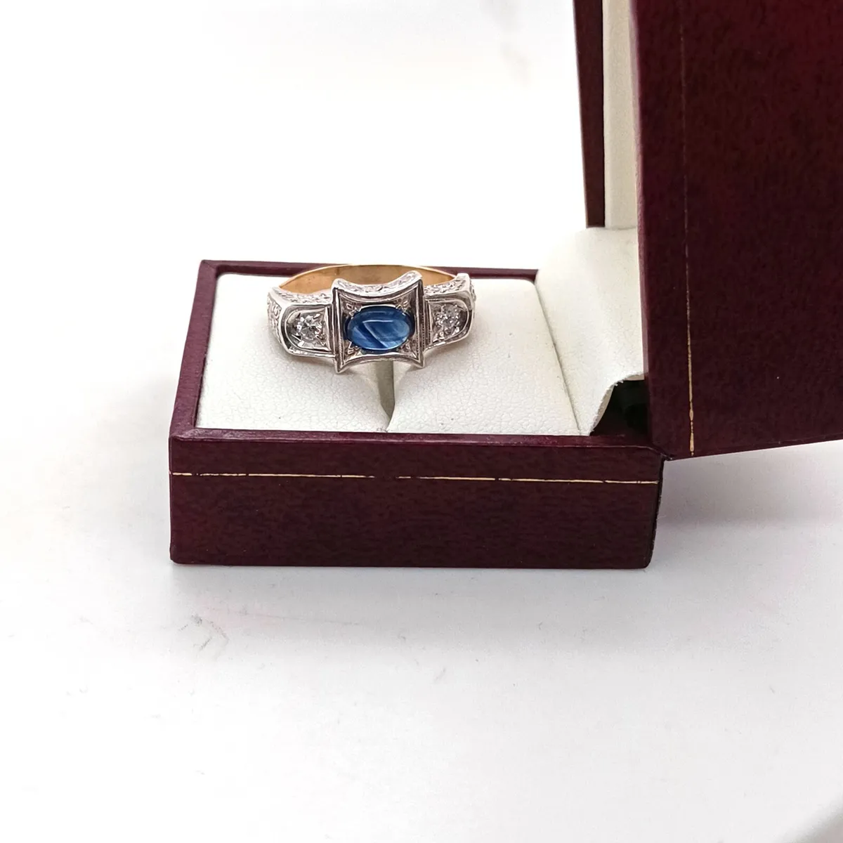 Blue Sapphire & Diamond Art Deco Ring, 14k Gold - Image 4