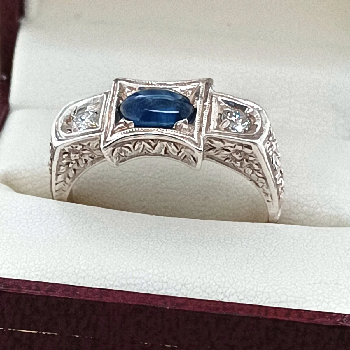 Blue Sapphire & Diamond Art Deco Ring, 14k Gold - Image 1