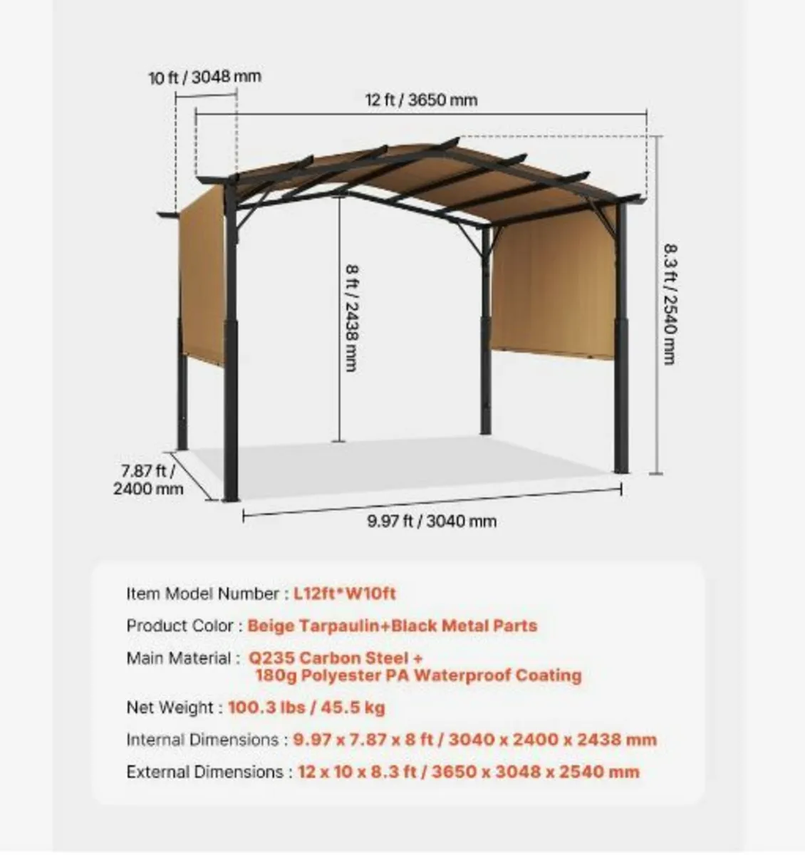 10x12 ft Outdoor Retractable Pergola with Canopy - Image 4