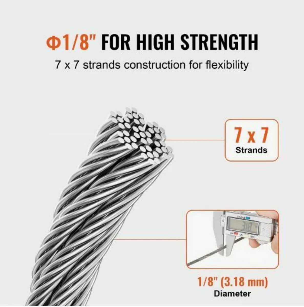 T316 Stainless Steel Cable 1/8" 7x7 Steel Wire - Image 2