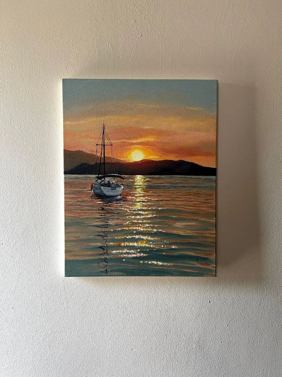 Original Oil Painting Sea Sunset sailboat artwork - Image 1