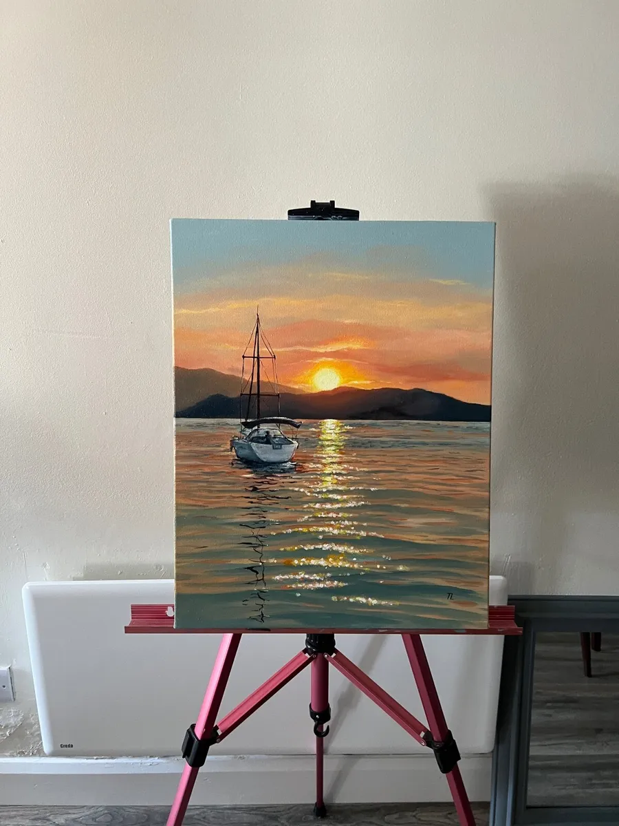 Original Oil Painting Sea Sunset sailboat artwork - Image 2