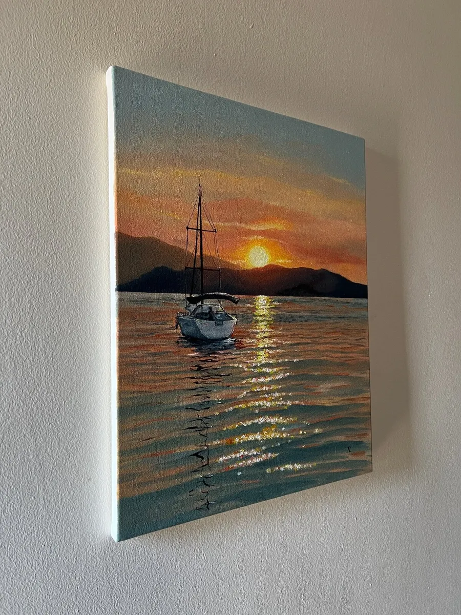 Original Oil Painting Sea Sunset sailboat artwork - Image 3